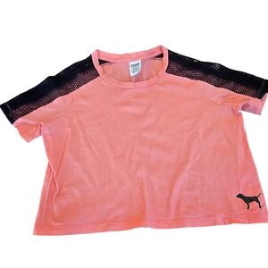 PINK Victoria's Secret Coral Pink Black Mesh Raglan Crop Top Tee Small